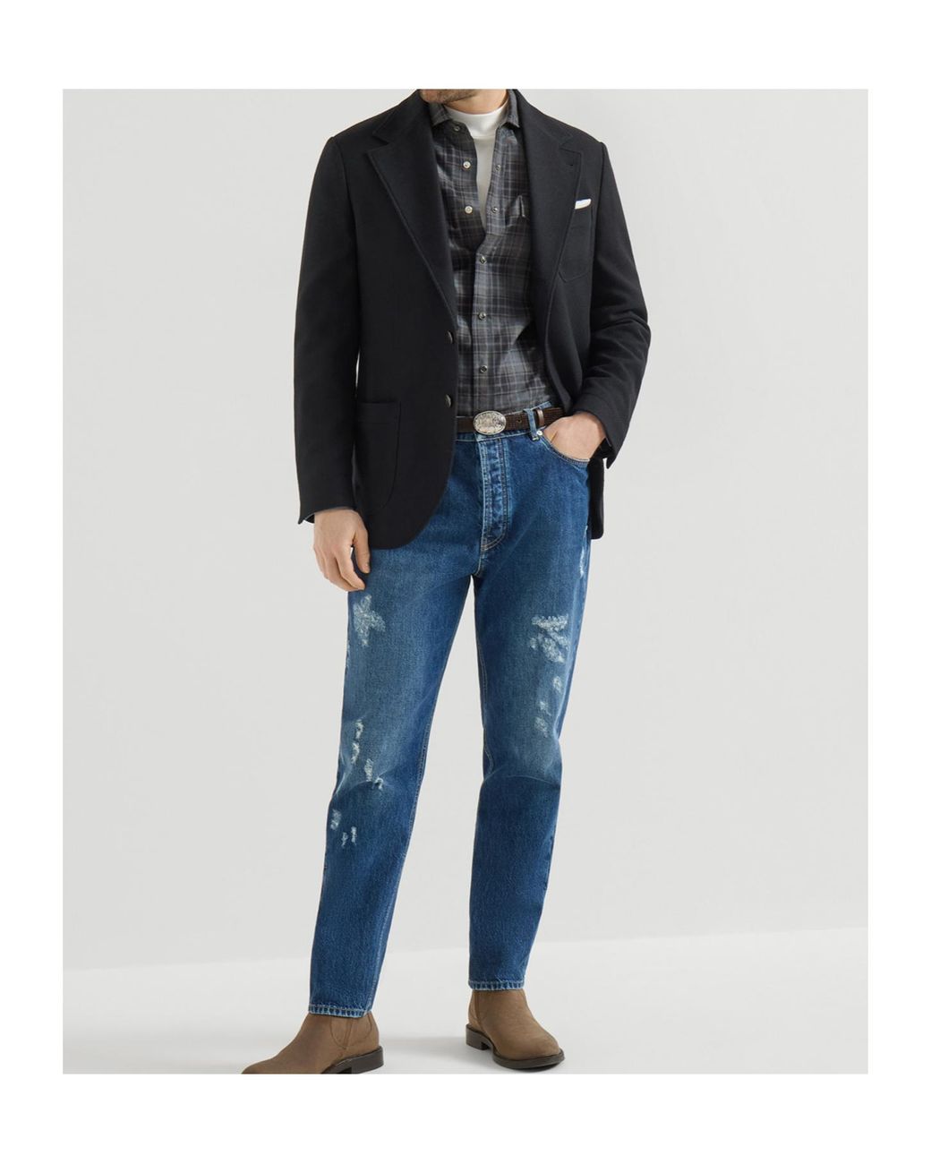 Brunello Cucinelli Gray Cotton Madras Western Shirt for men