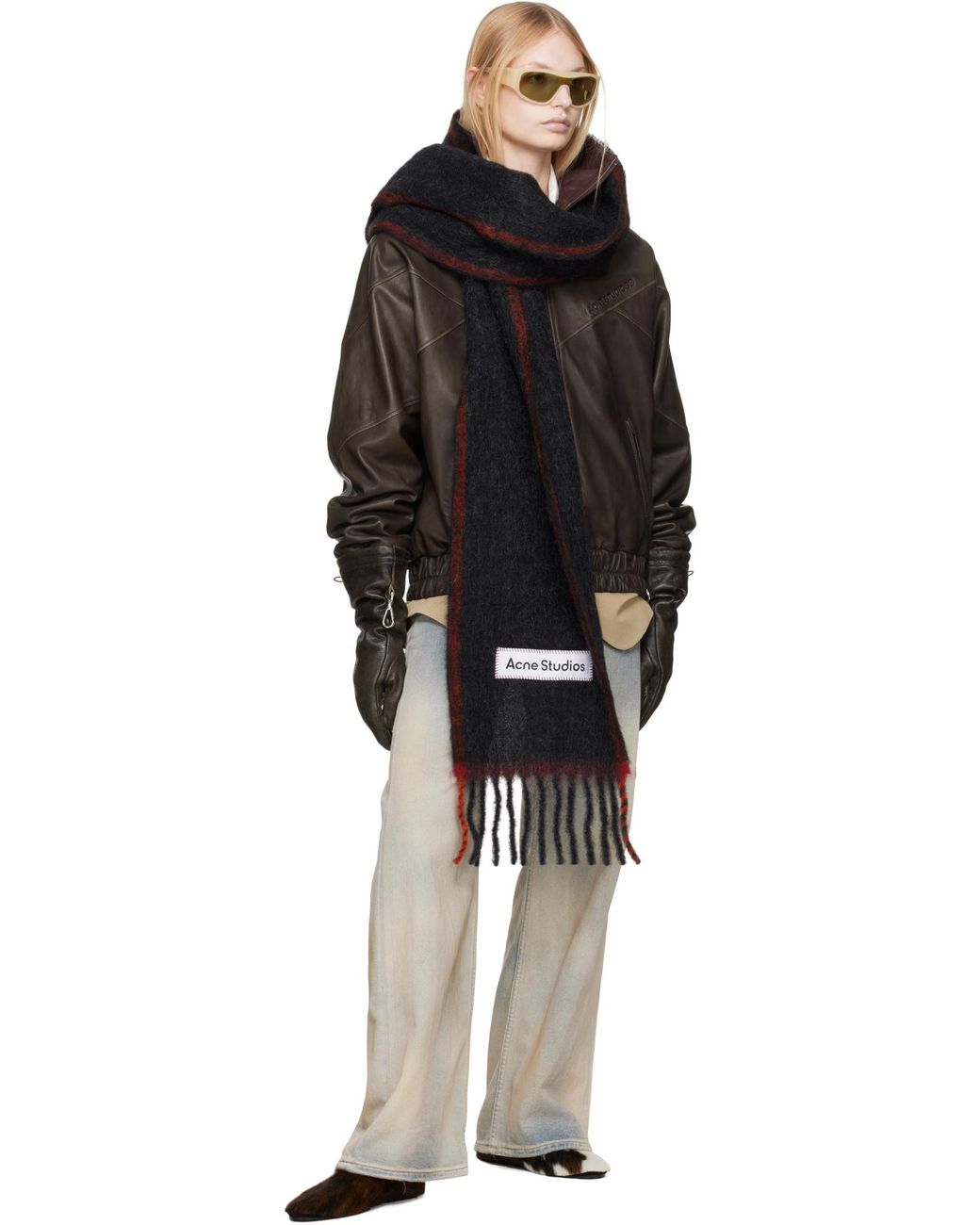 Acne Black Logo Patch Fringed-Edge Scarf