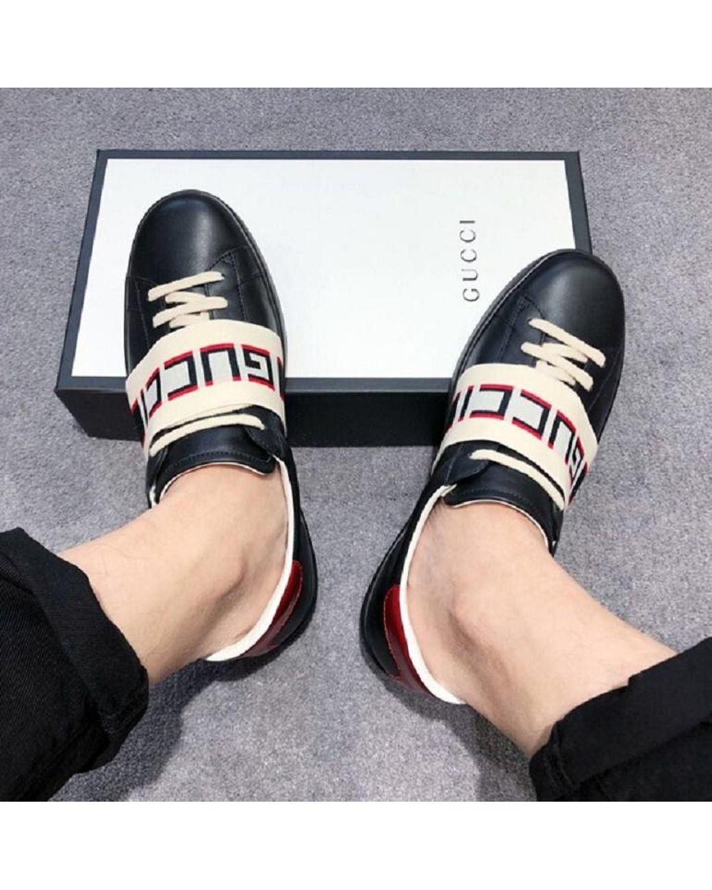 Gucci Black 523469 Ace Shoes Calf-skin Leather Casual Sneakers (GGM1715) for men