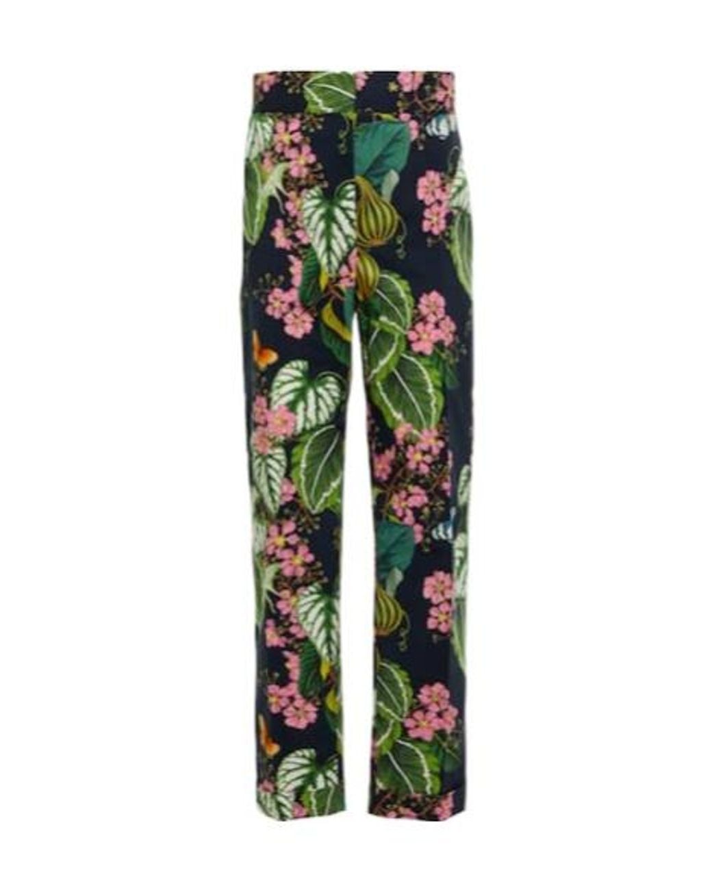 Oscar de la Renta Green Printed Straight Cropped Poplin Pants