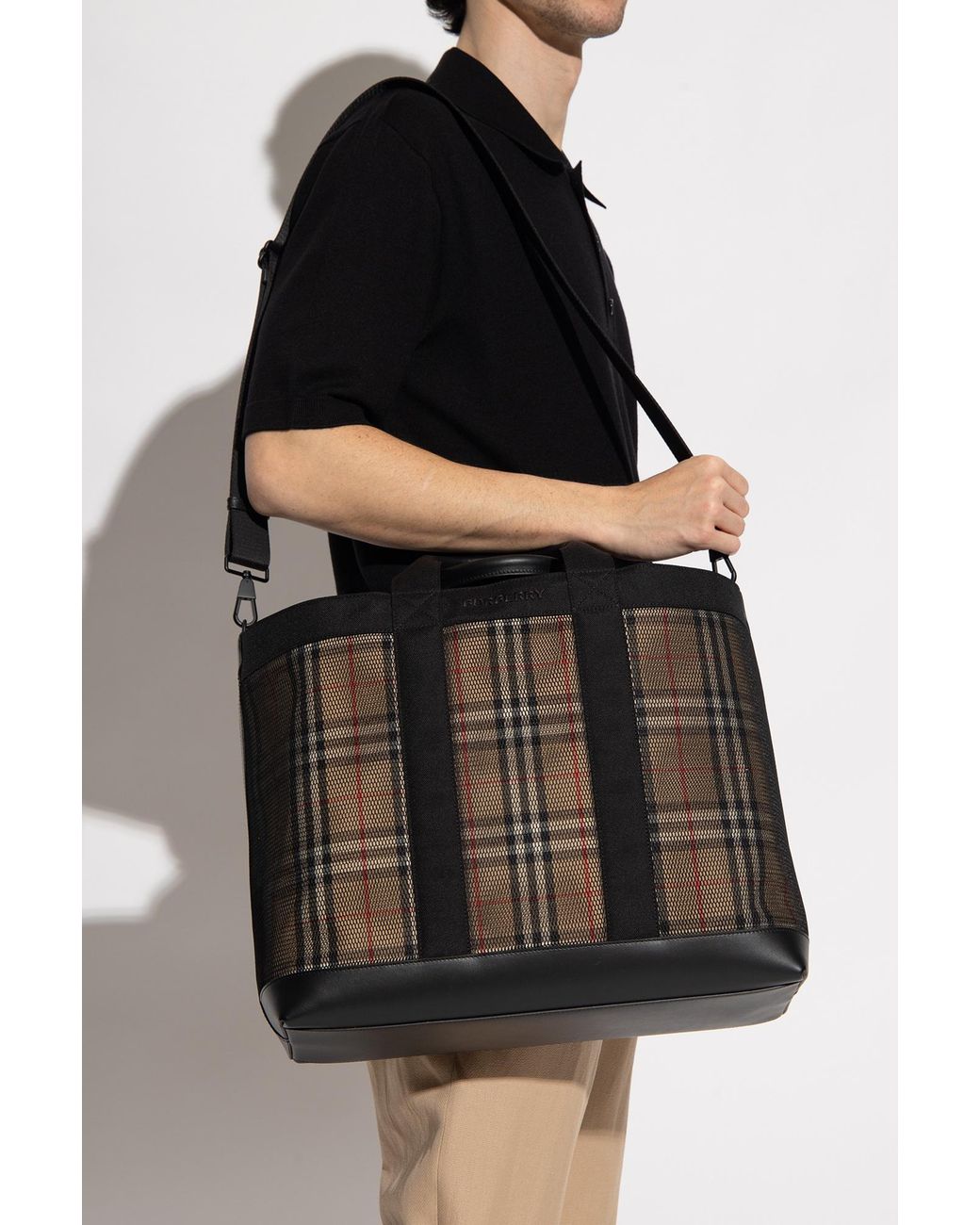 Burberry Black Checked Mesh Tote Bag for men