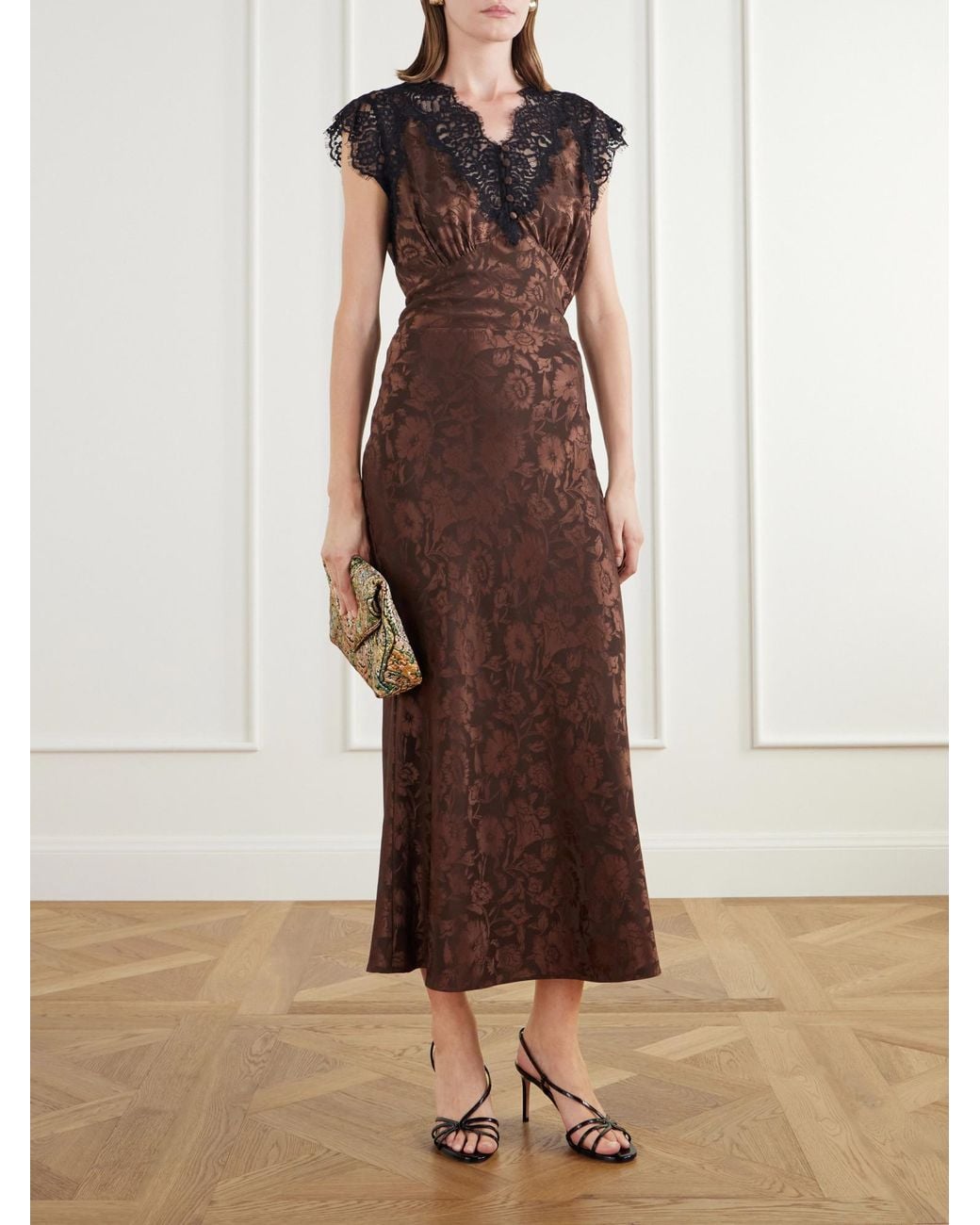 Veronica Beard Brown Floral-Jacquard Silk-Blend Satin Midi Skirt