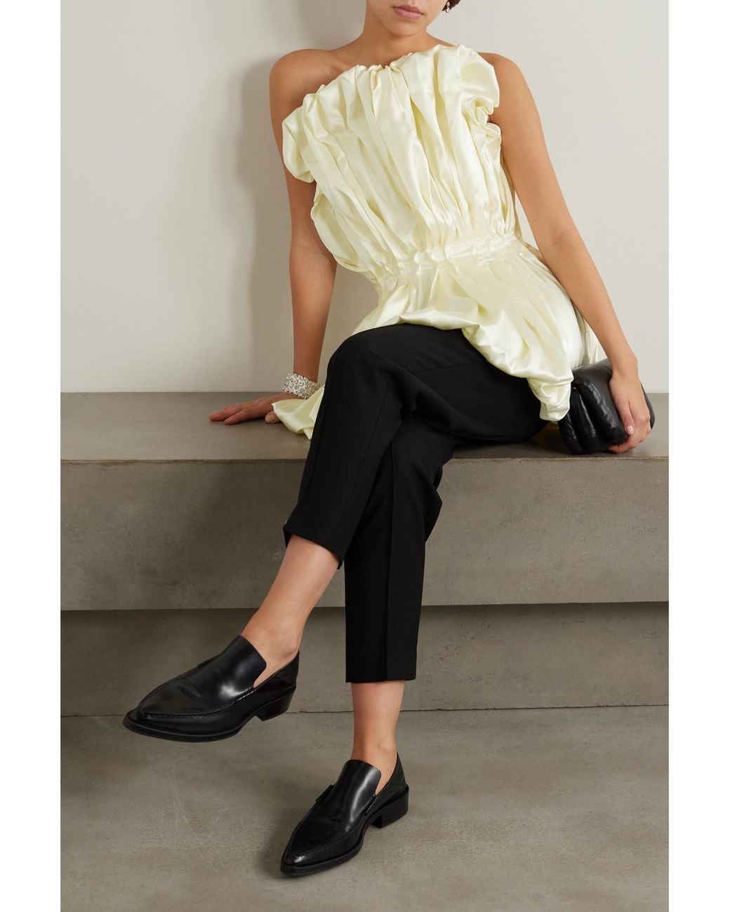 TOVE Metallic Strapless Gathered Satin Top