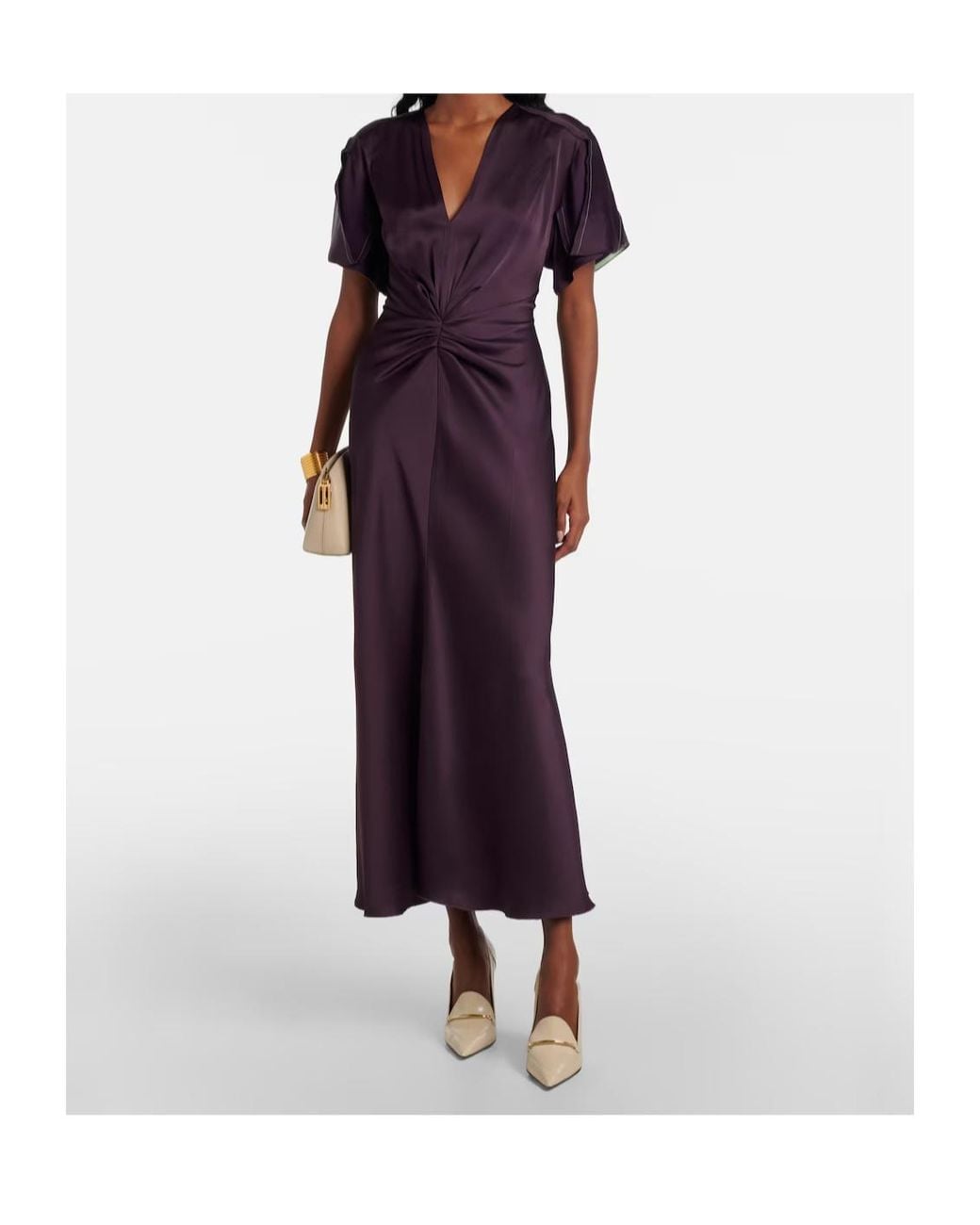 Victoria Beckham Purple Gathered Satin Maxi Dress