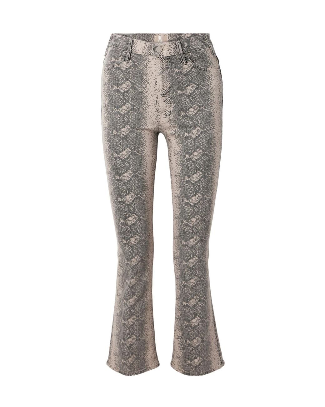 Mother Gray Cropped Snake-Print High-Rise Flared Jeans