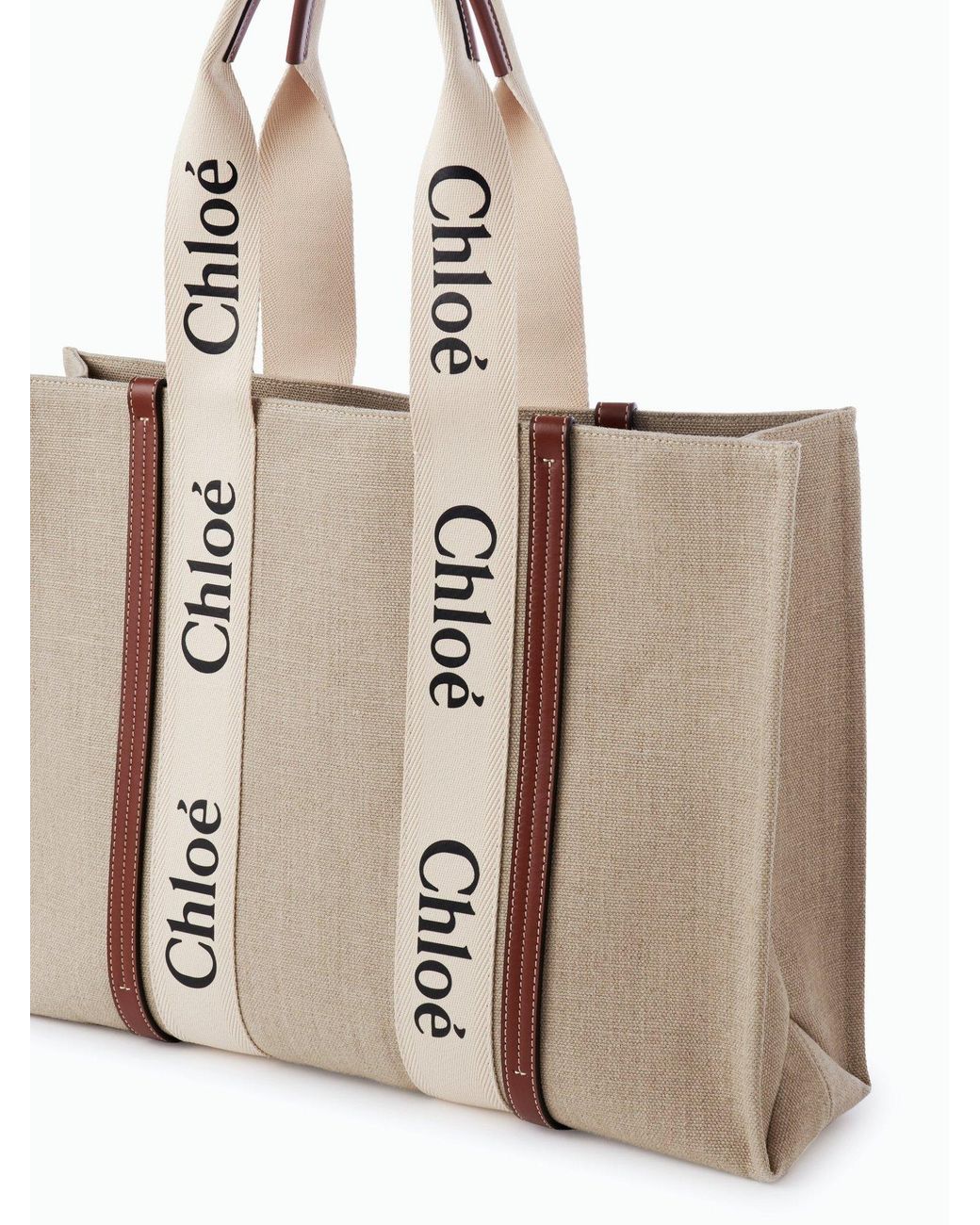 Chloé Natural Chloé Woody Logo Tape Large Tote Bag