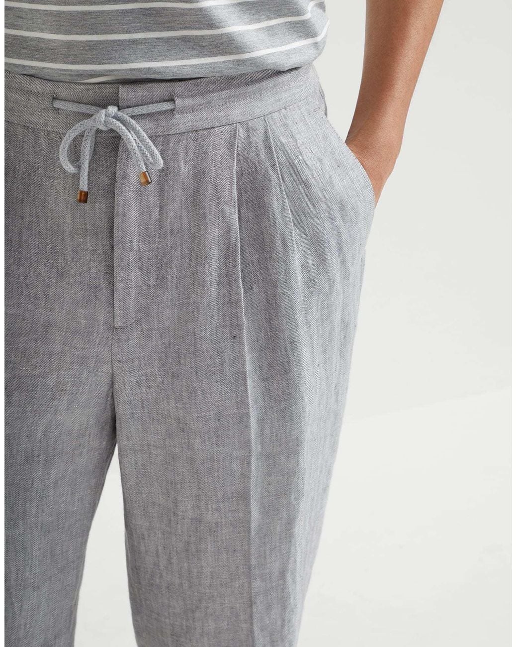 Brunello Cucinelli Gray Linen Chevron Leisure Fit Pants for men