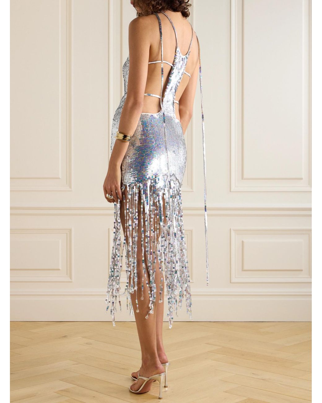 The Attico White Fringed Sequined Mesh Dress