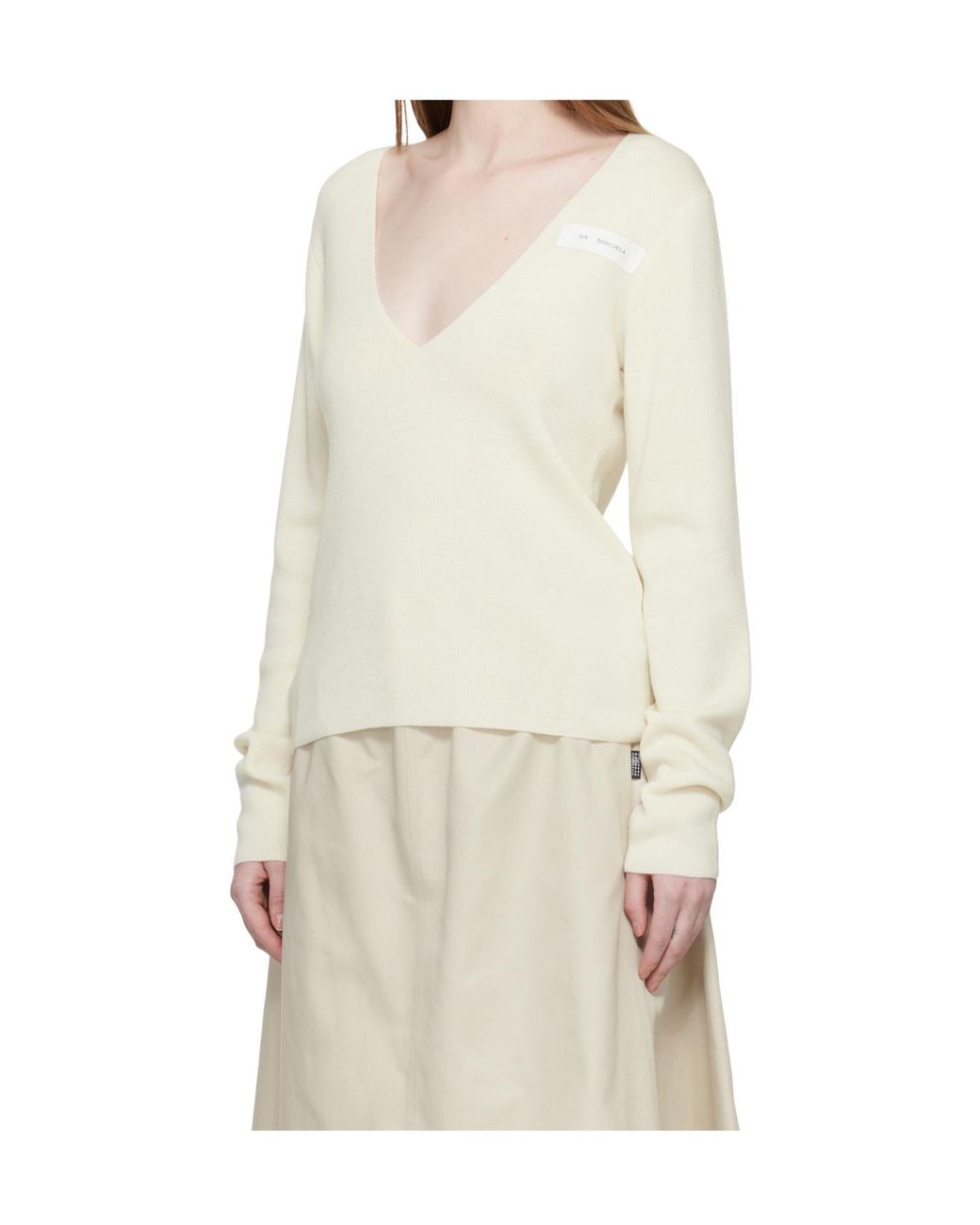 MM6 by Maison Margiela White V-Neck Wool Blend Sweater
