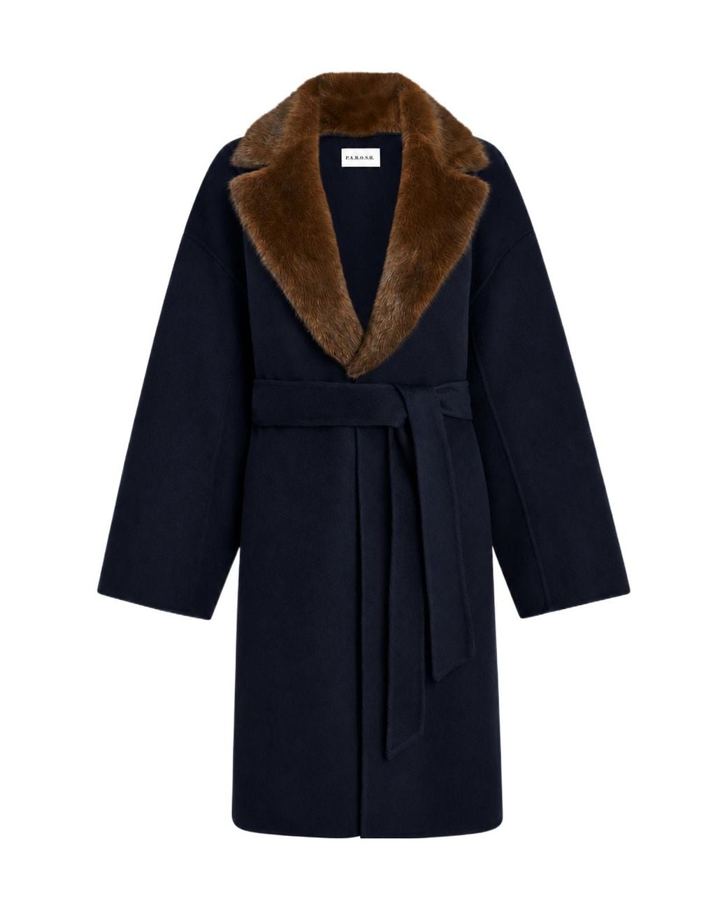 P.A.R.O.S.H. Blue Faux-Fur Collar Belted Coat