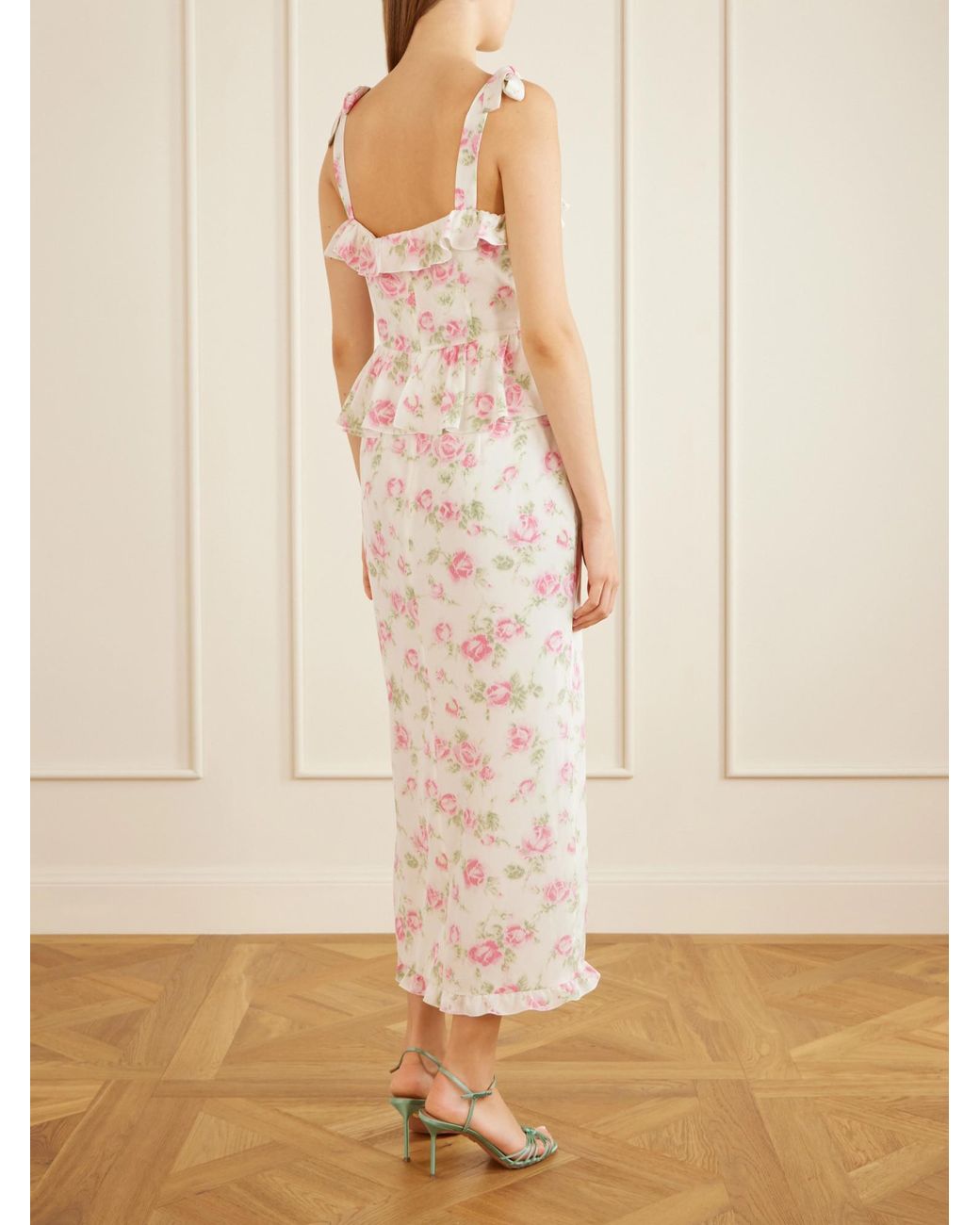 Alessandra Rich White Ruffled Floral-Print Silk Dress