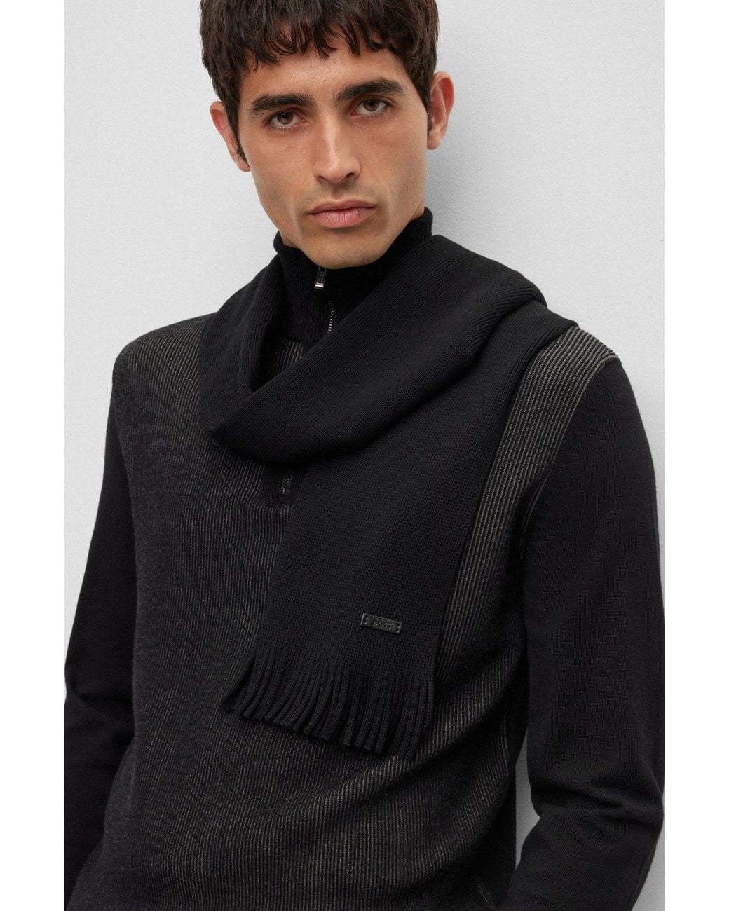 Boss Black Logo-Patch Virgin Wool Scarf for men