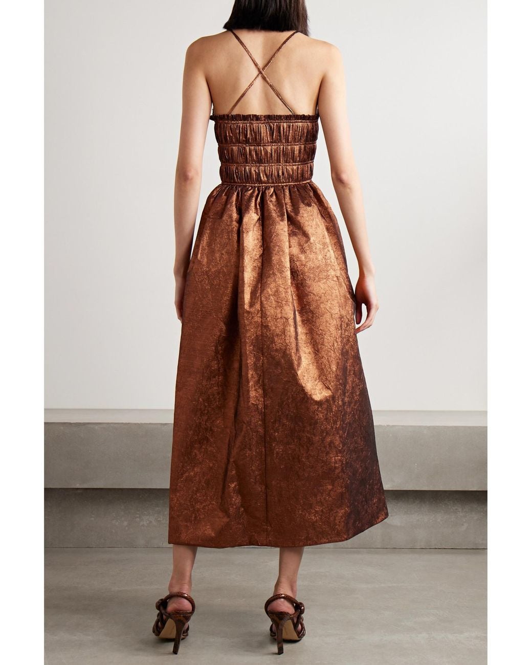 Ulla Johnson Brown Seraphina Shirred Metallic Crinkled-Taffeta Midi Dress