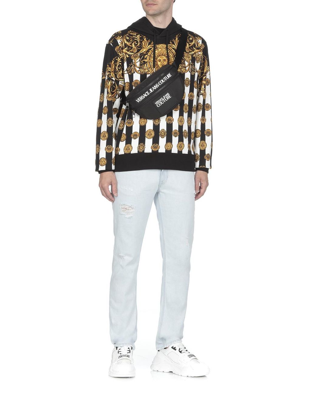 Versace Jeans Black V-Emblem Medusa-Print Fleece Hoodie for men