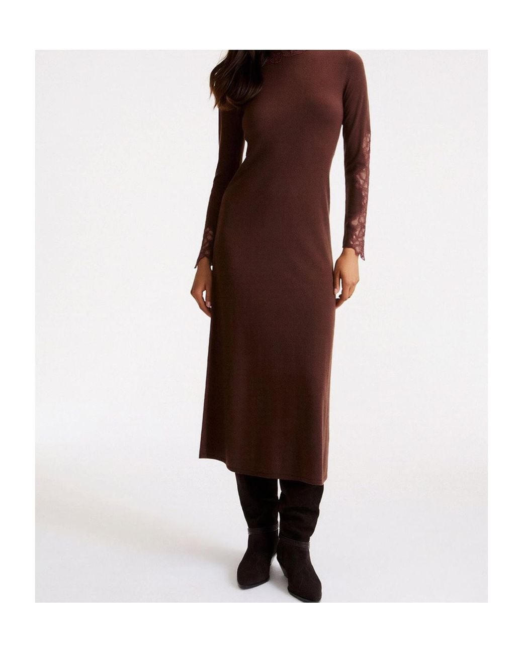 Marella Brown Long Dress With Lace Inserts