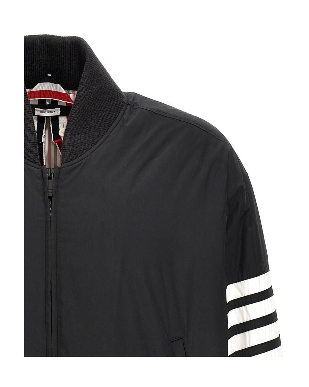 Thom Browne Black Bar Stripe Zipped Bomber Jacket for men