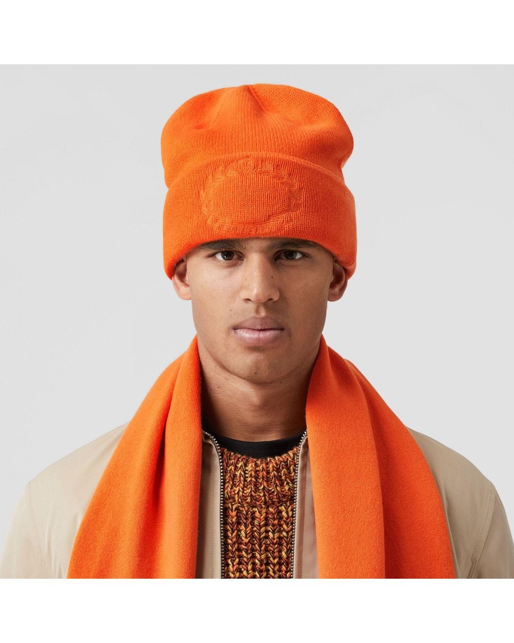 Burberry Orange Crest-Embroidered Cashmere Beanie for men