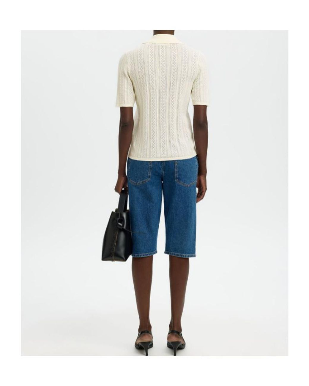 SELECTED White Openwork Knit Polo Top