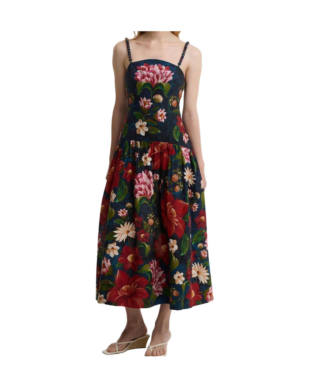 Barbour Red Beaded Strap Floral Midi Dress