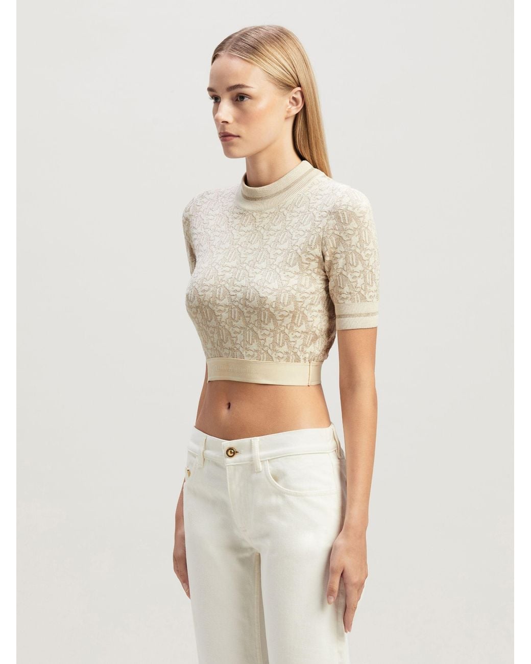 Palm Angels White Monogram-Jacquard Knitted Cropped Top