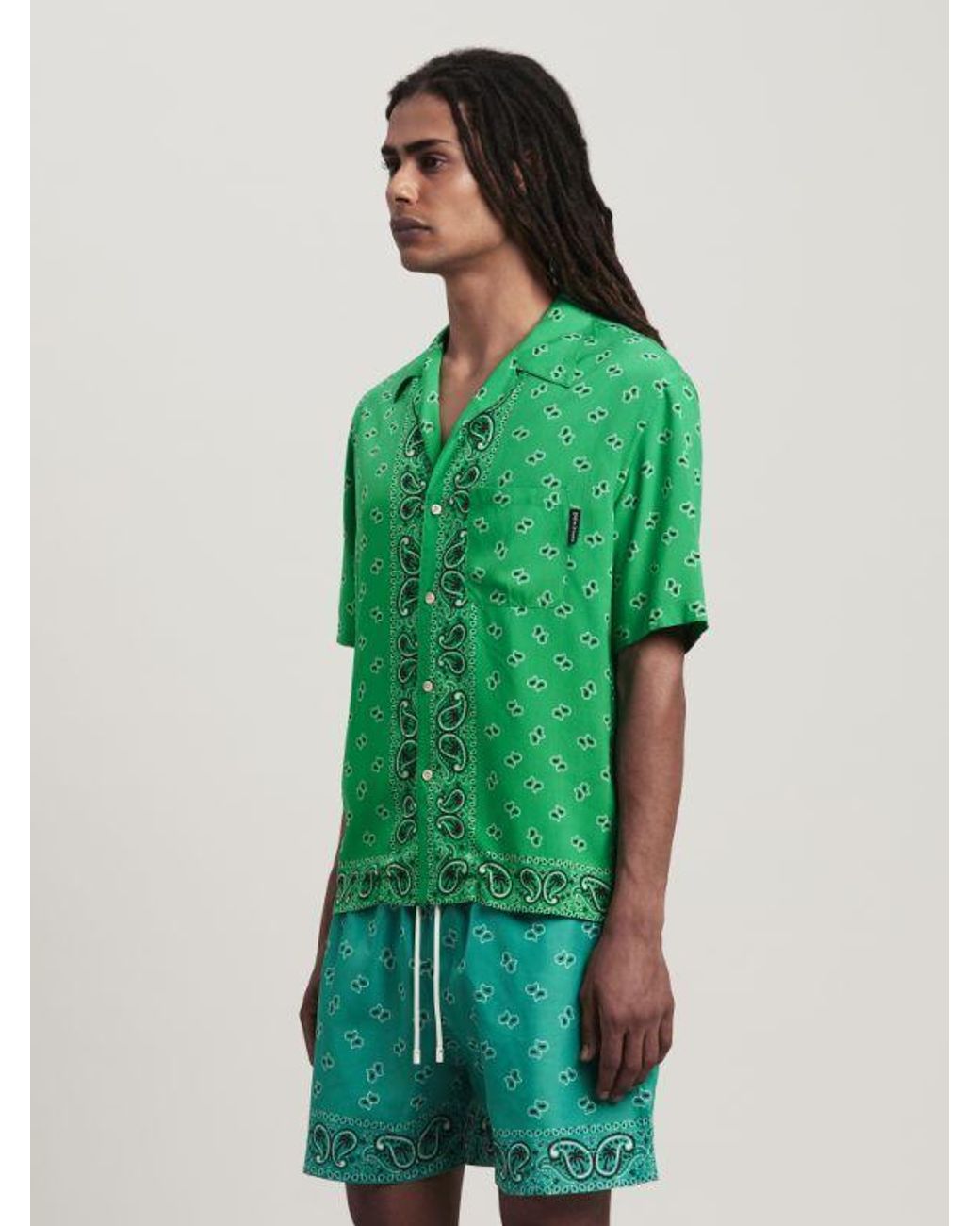 Palm Angels Green Paisley Printed Short-Sleeved Shirt for men