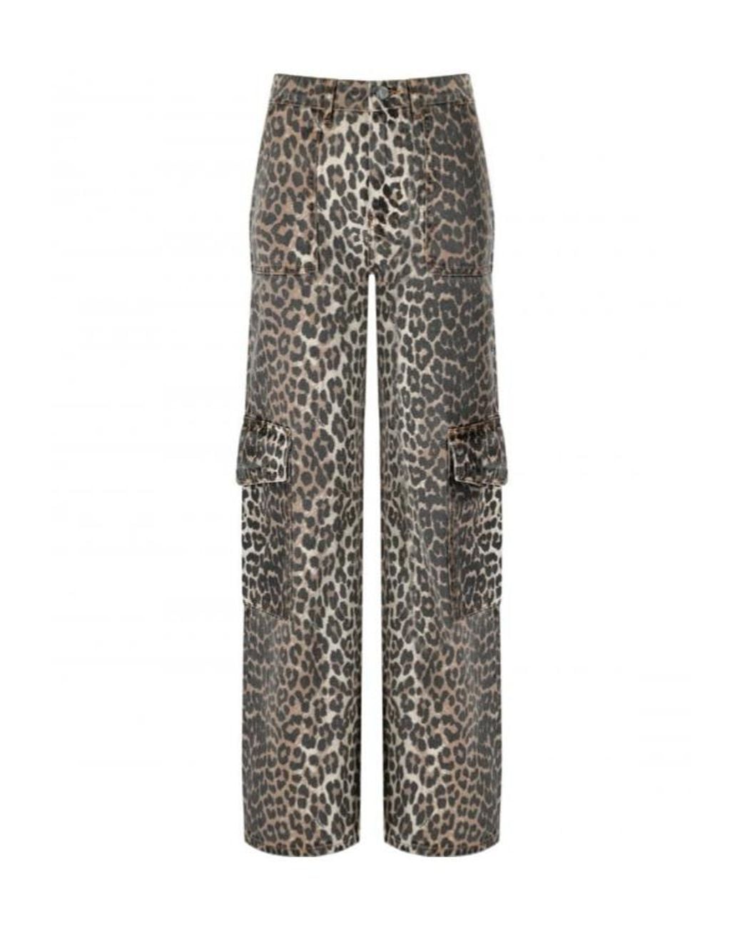 Ganni Gray Leopard Printed Straight Leg Jeans