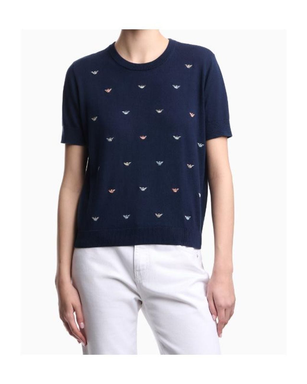 Emporio Armani Blue Logo-Embroidered Short-Sleeve Sweater