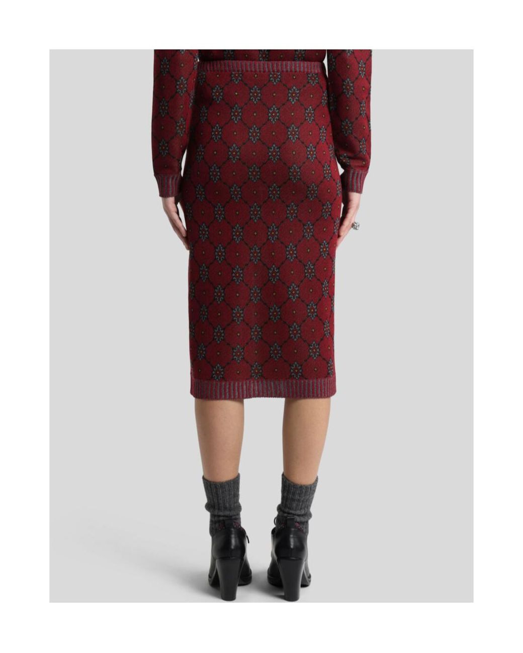 Etro Red Patterned Knit Midi Skirt