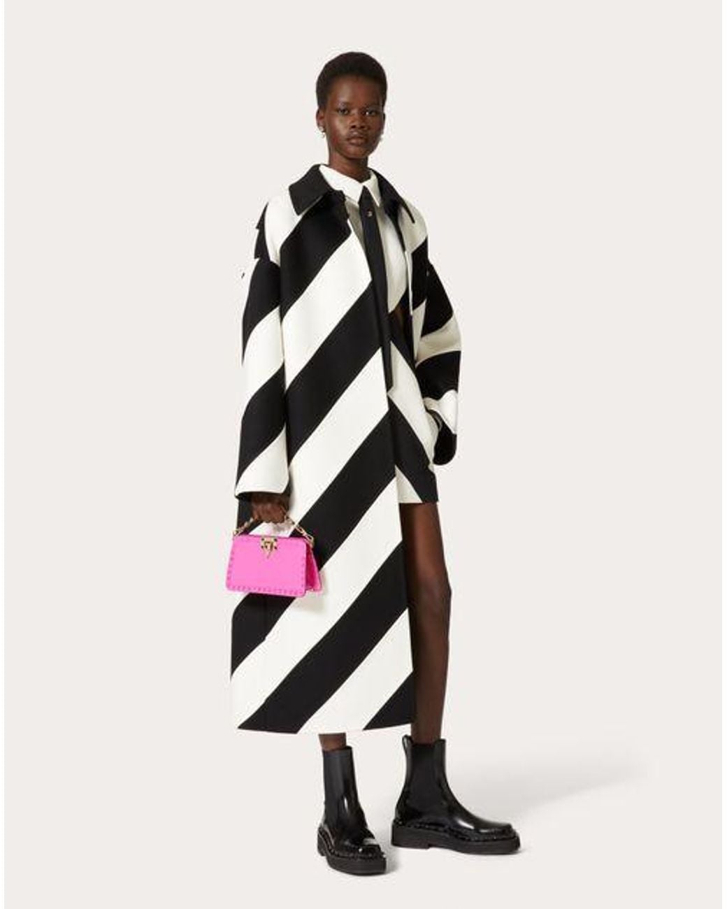 Valentino Black Stripe-Pattern Virgin Wool-Blend Coat