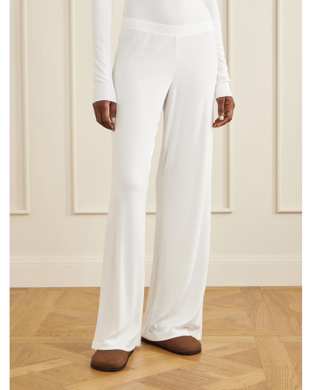 ÉTERNE White Easy Lounge Ribbed-Knit Jersey Wide-Leg Pants