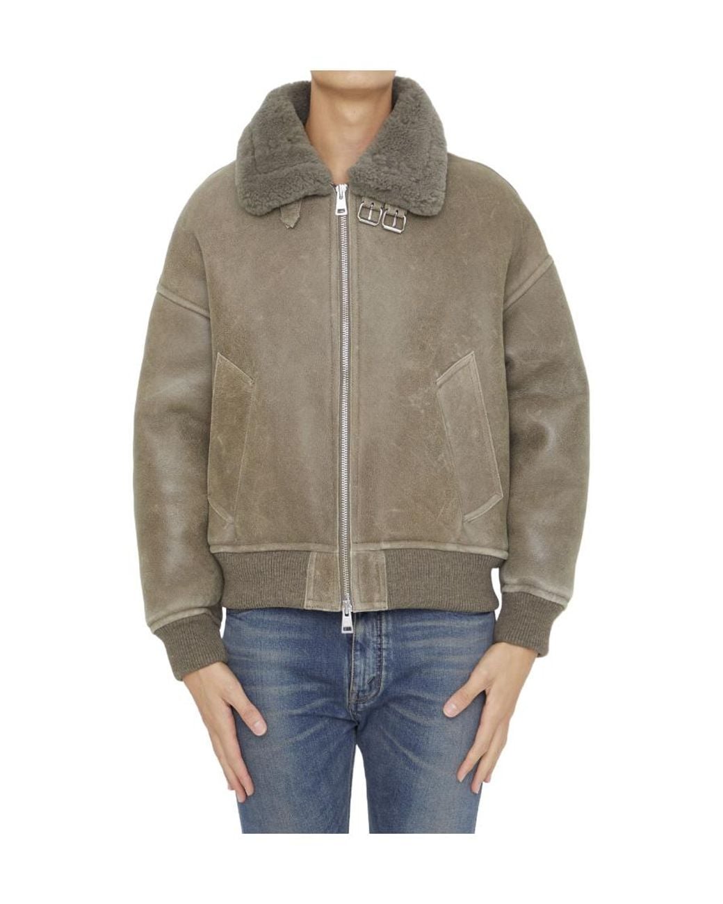 AMI Green Zipped Shearling Bomber Jacket for men