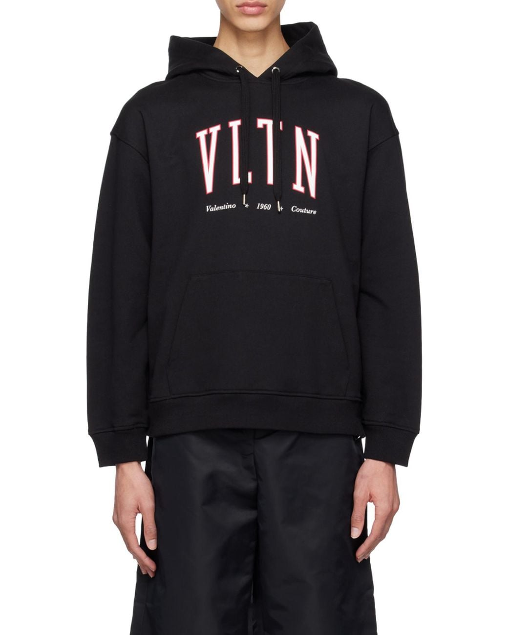 Valentino Black Vltn Logo Printed Drawstring Hoodie for men
