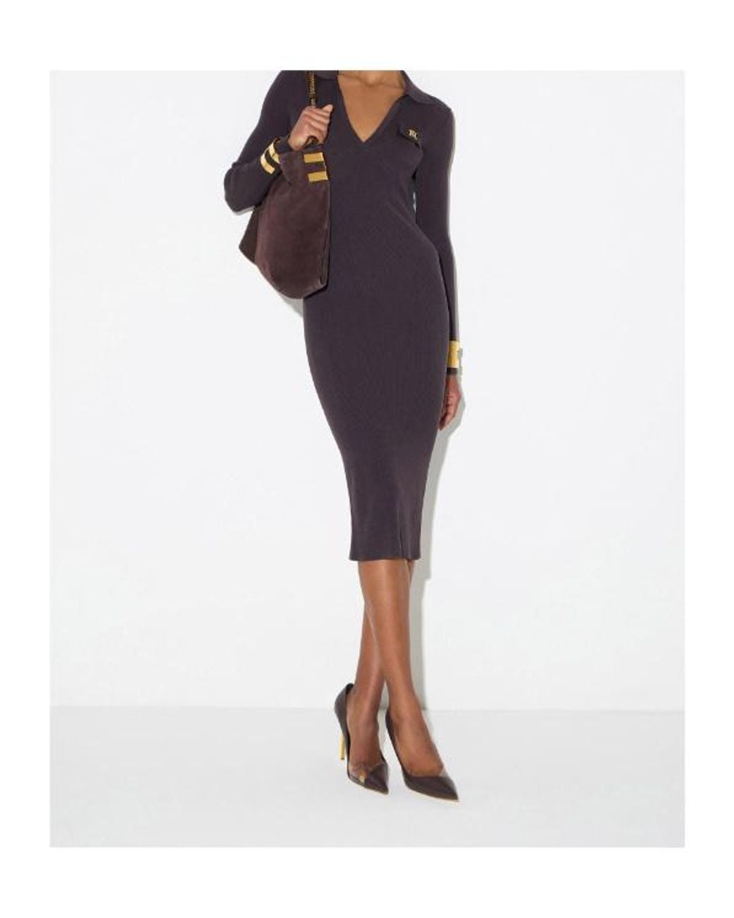 Elisabetta Franchi Blue V-Neck Ribbed Midi Dress