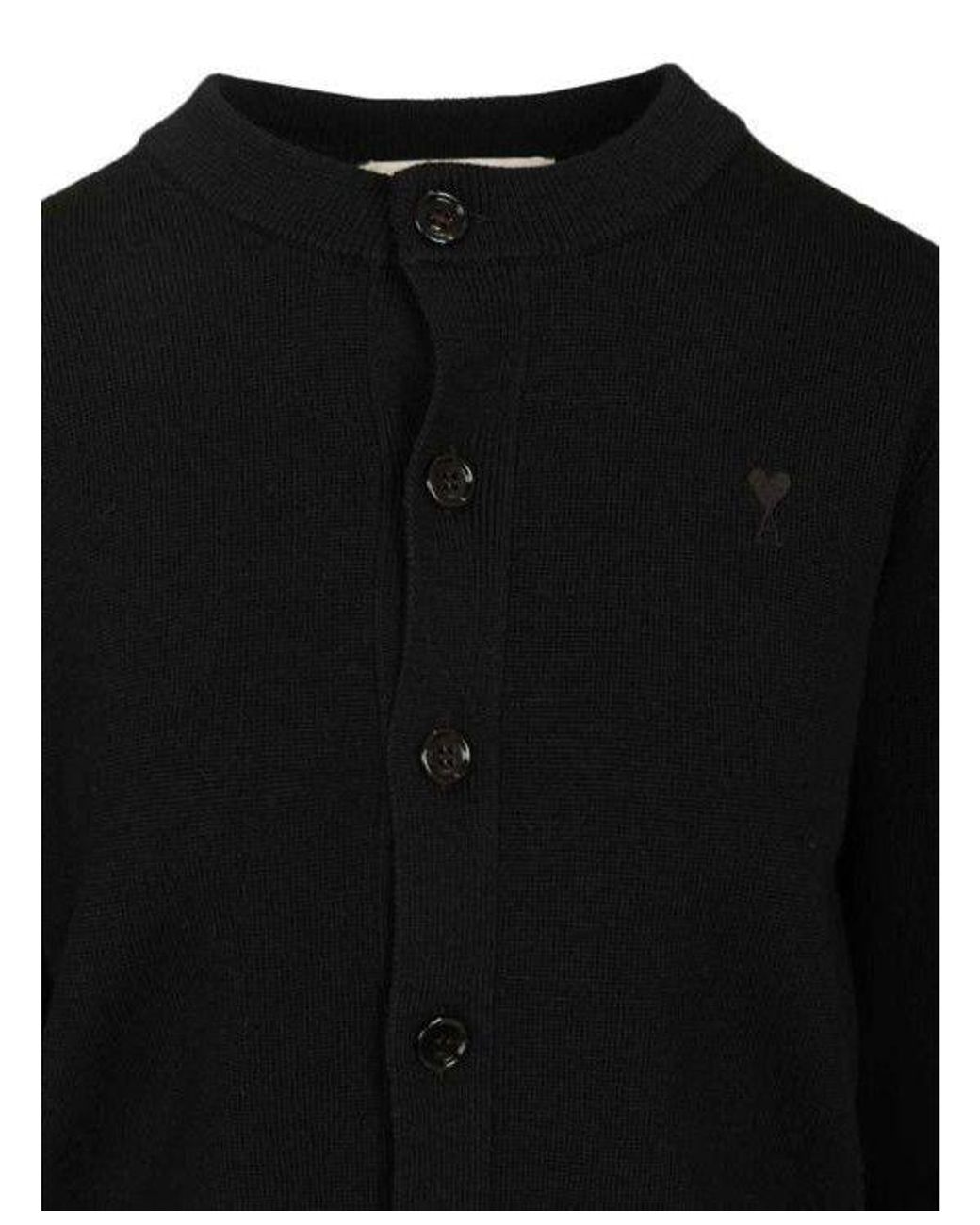 AMI Blue Heart-Embroidered Button Wool Cardigan