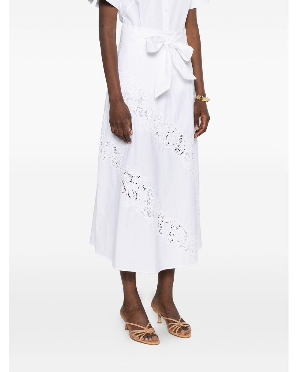 Twinset White Long Poplin And Broderie Anglaise Skirt