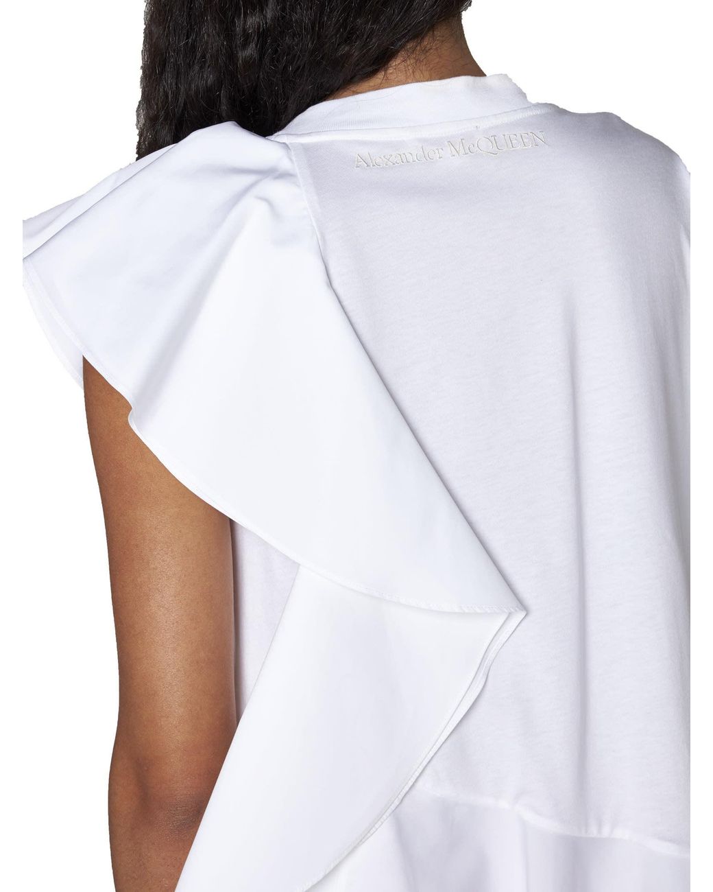 McQueen White Asymmetric Ruffled Crewneck Top