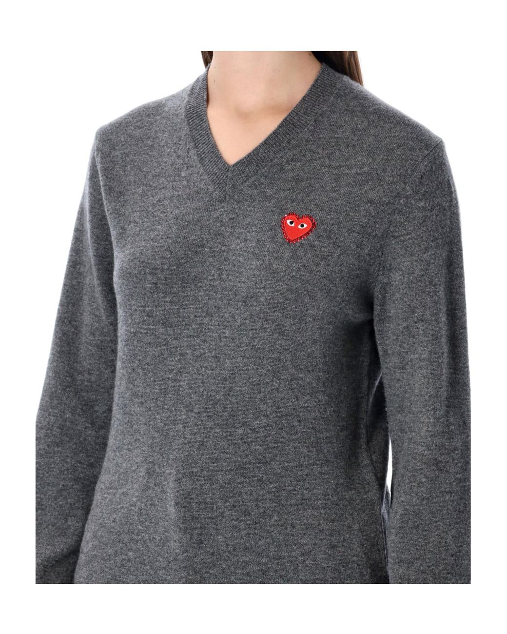 COMME DES GARÇONS PLAY Gray Comme Des Garçons Play Logo Detailed V-Neck Sweater