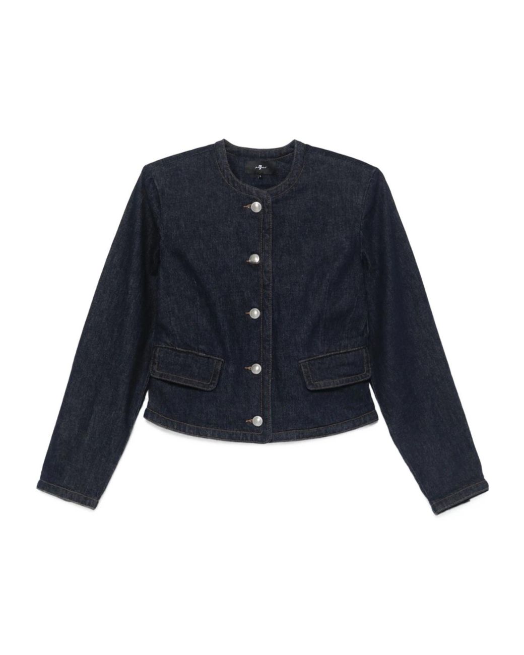 7 For All Mankind Blue Crewneck Buttoned Denim Jacket