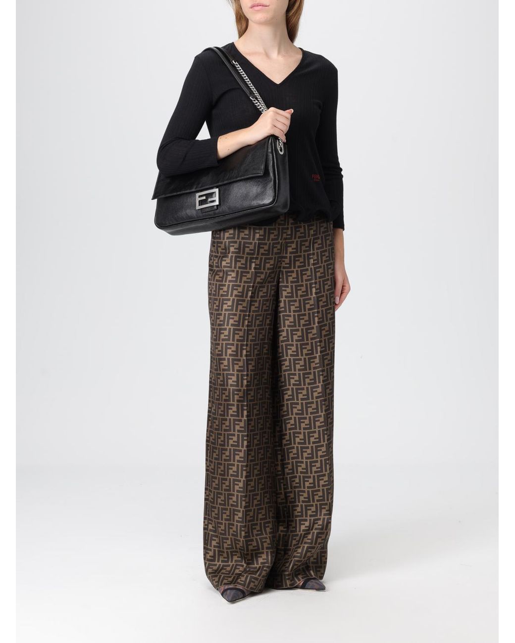 Fendi Black V-Neck Ruffled-Hem Ribbed Top
