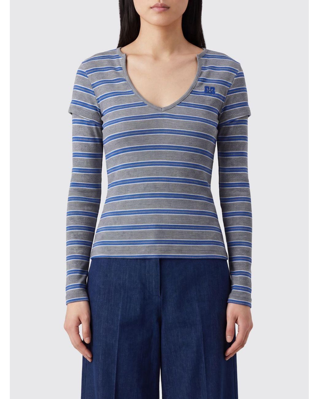 Ganni Blue Ribbed Stripe V-Neck Knitted Top