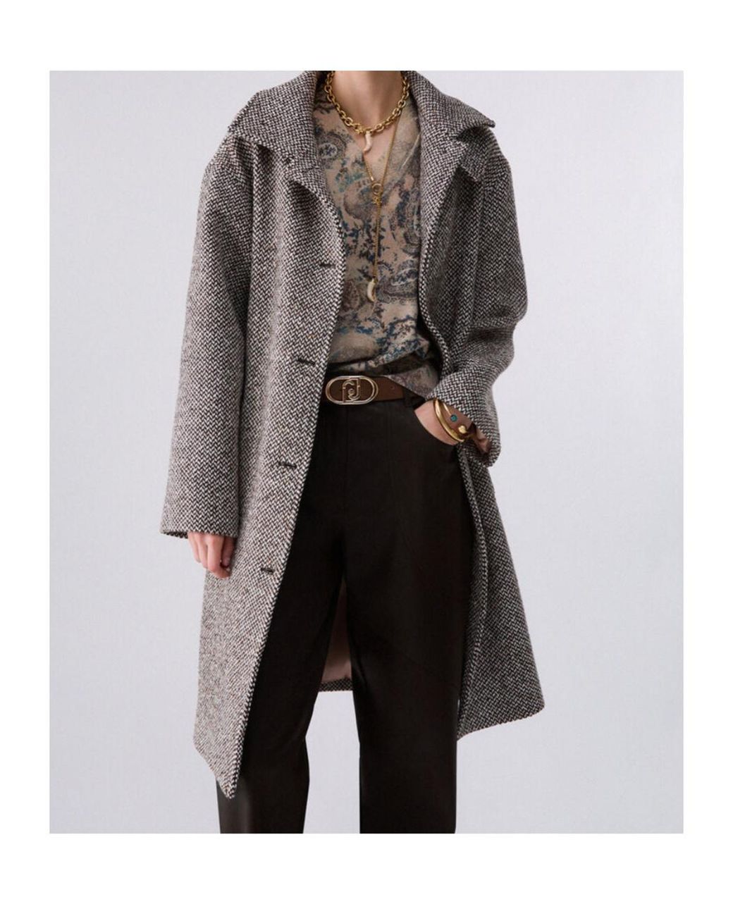 Liu Jo Gray Belted Houndstooth Coat
