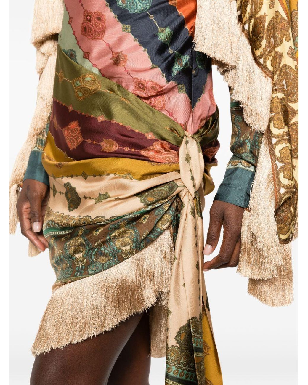 Zimmermann Metallic Scarf Print Fringed Wrap Mini Dress