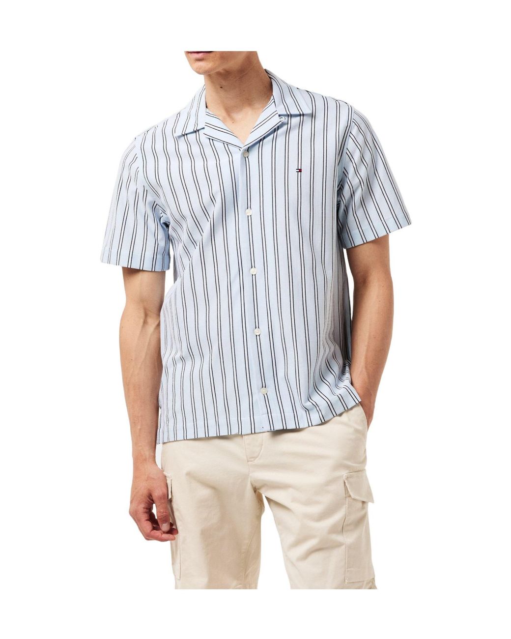 Tommy Hilfiger Blue Verticalstripe Campcollar Shortsleeve Shirt for men
