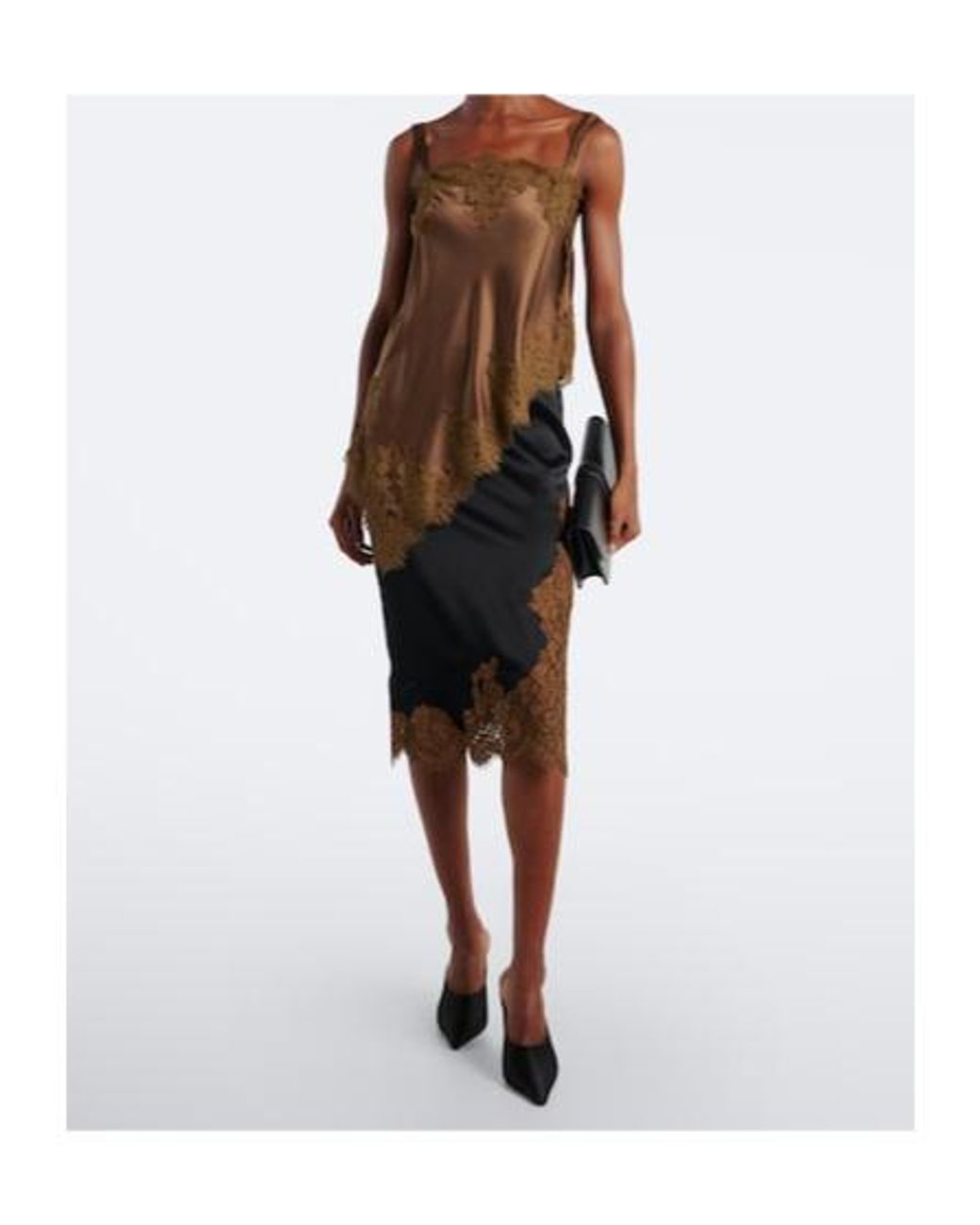 Dorothee Schumacher Black Shiny Statement Lace-Trimmed Satin Midi Skirt