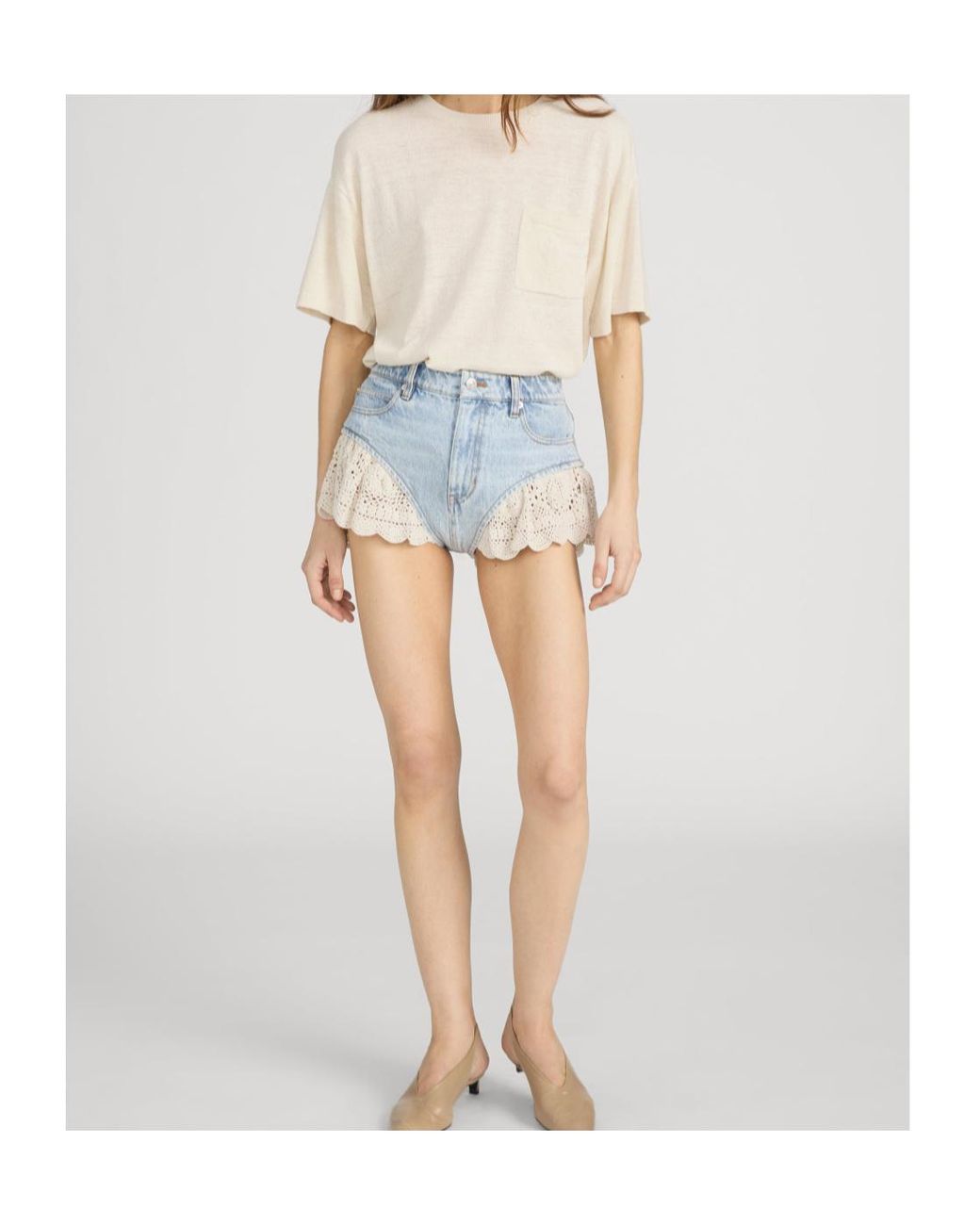 FRAME Blue Crochet Ruffle Denim Shorts