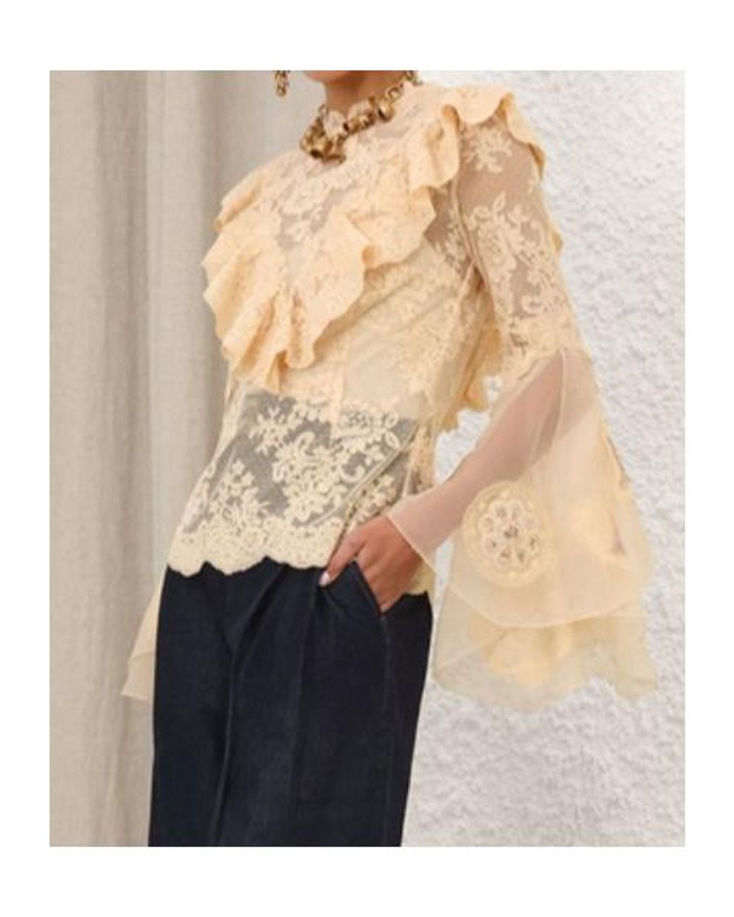 Zimmermann Natural Flared Sleeve Ruffled Lace Shirt
