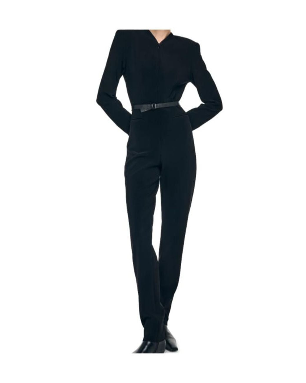 Norma Kamali Black Ls V Neck Zip Front Tapered Jumpsuit