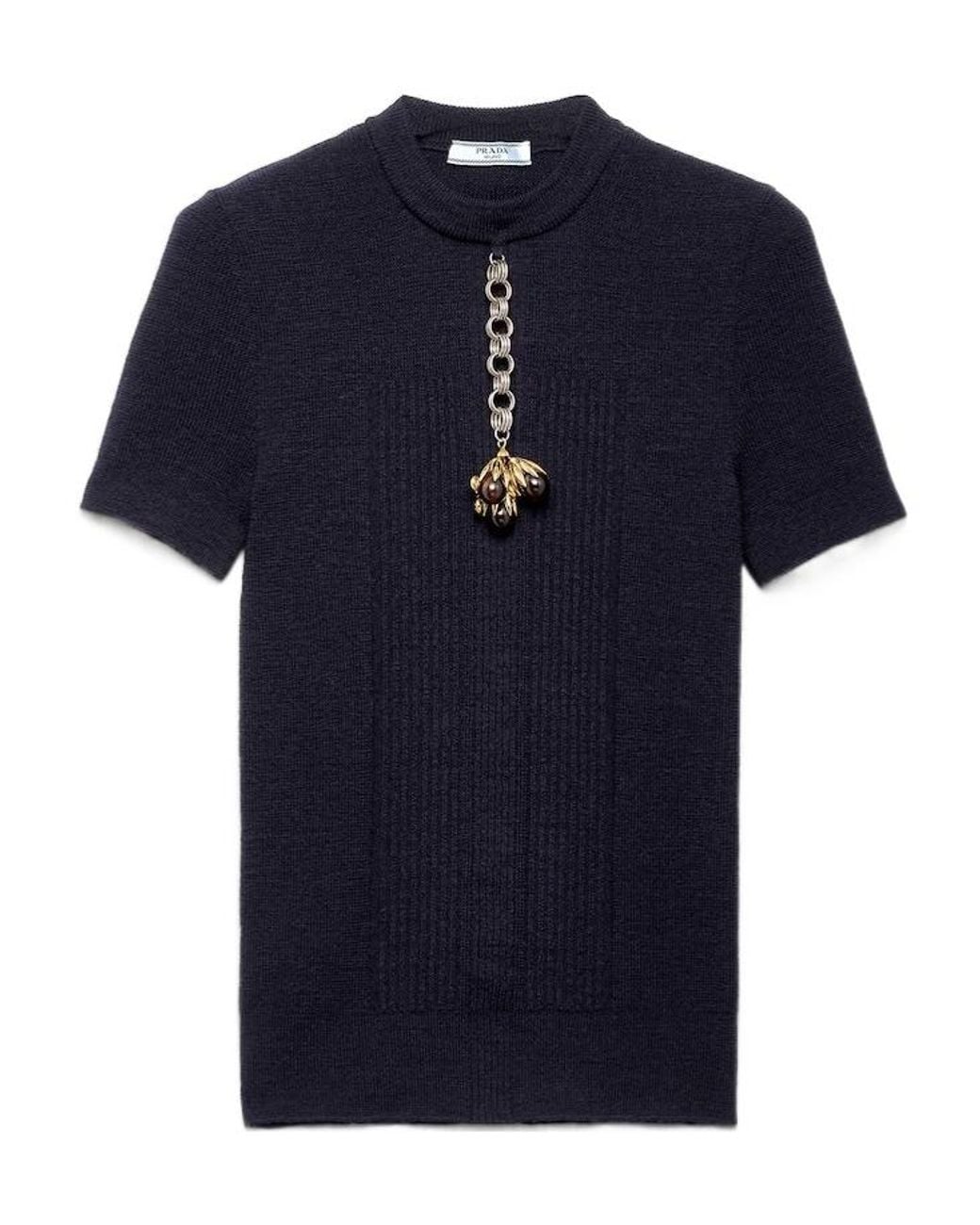 Prada Blue Short-Sleeved Wool Sweater With Pendant