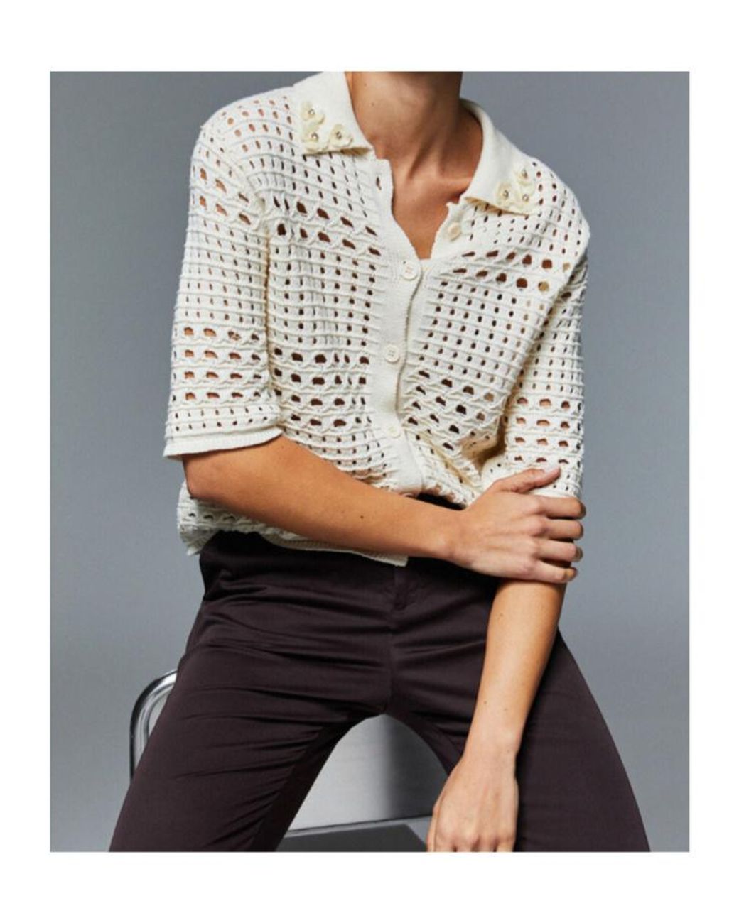 Liu Jo Natural Embellished Openwork Knitted Top