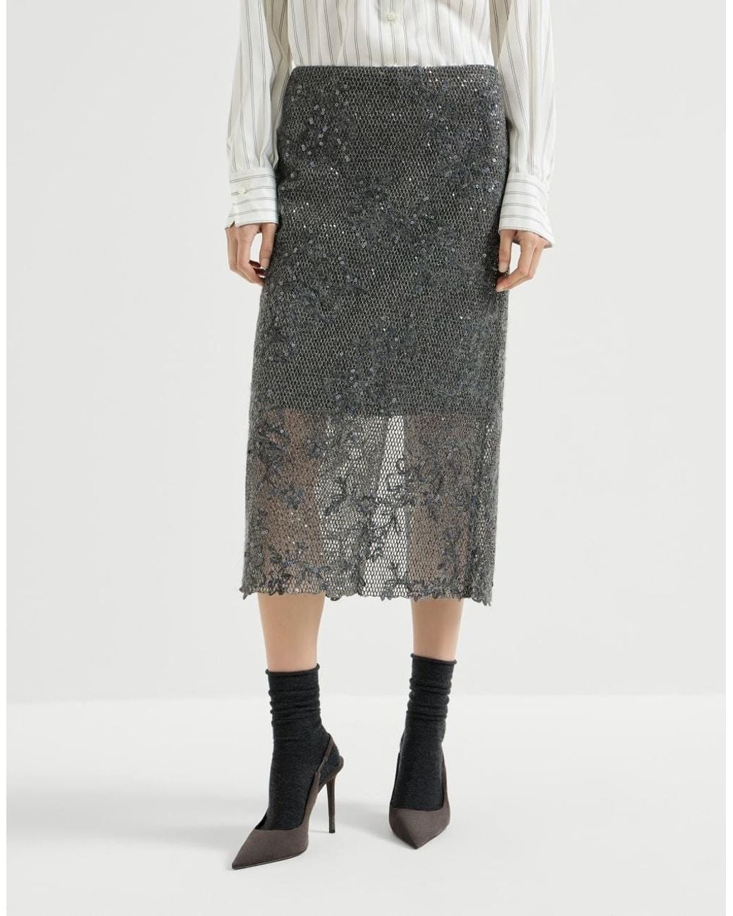Brunello Cucinelli Gray Dazzling Lace Embroidery Pencil Skirt